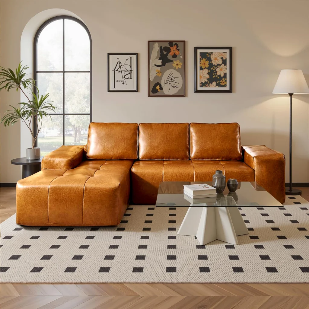 Luxury Faux Leather Deep Seat Sectional Sofa, Comfortable Large Modular Compression Couch for Family Living Room